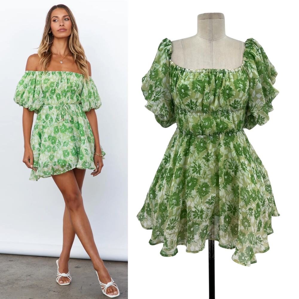 Hello Molly Challenge Your Faith‎ Dress Puff Sleeve Floral Print Green Size US 2